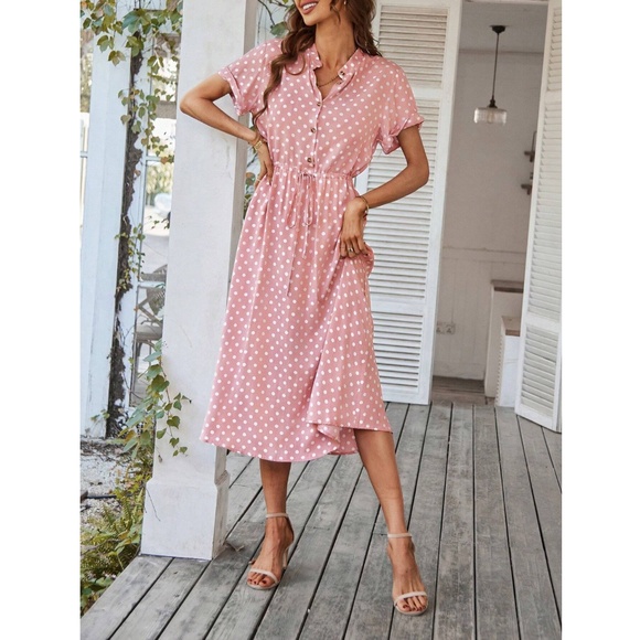 Pink Polka Dot Dress Midi Drawstring Ties Short Sleeve - Picture 4 of 11